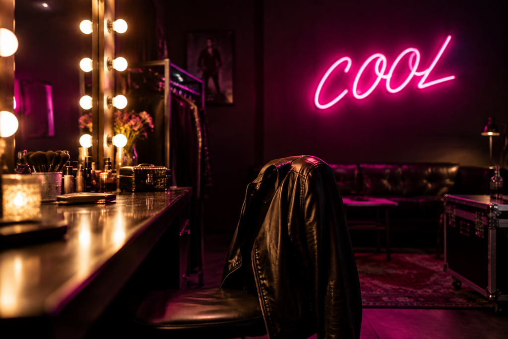 Dark scene with a glowing magenta neon sign reading COOL