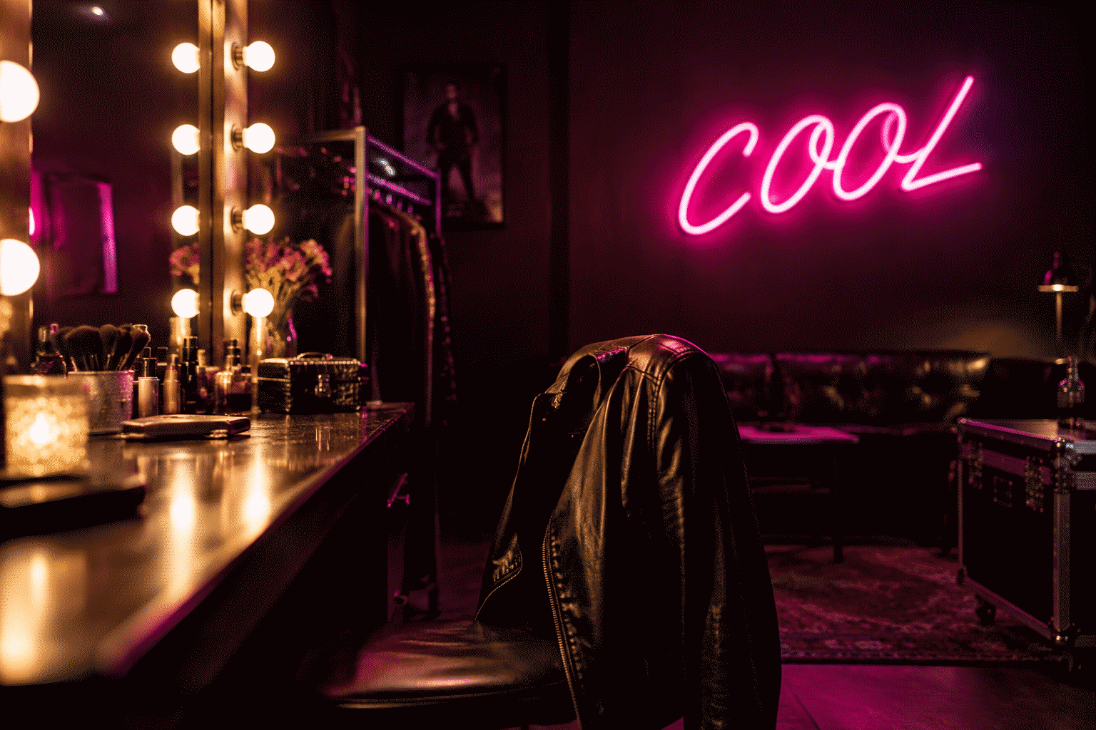 Dark scene with a glowing magenta neon sign reading COOL
