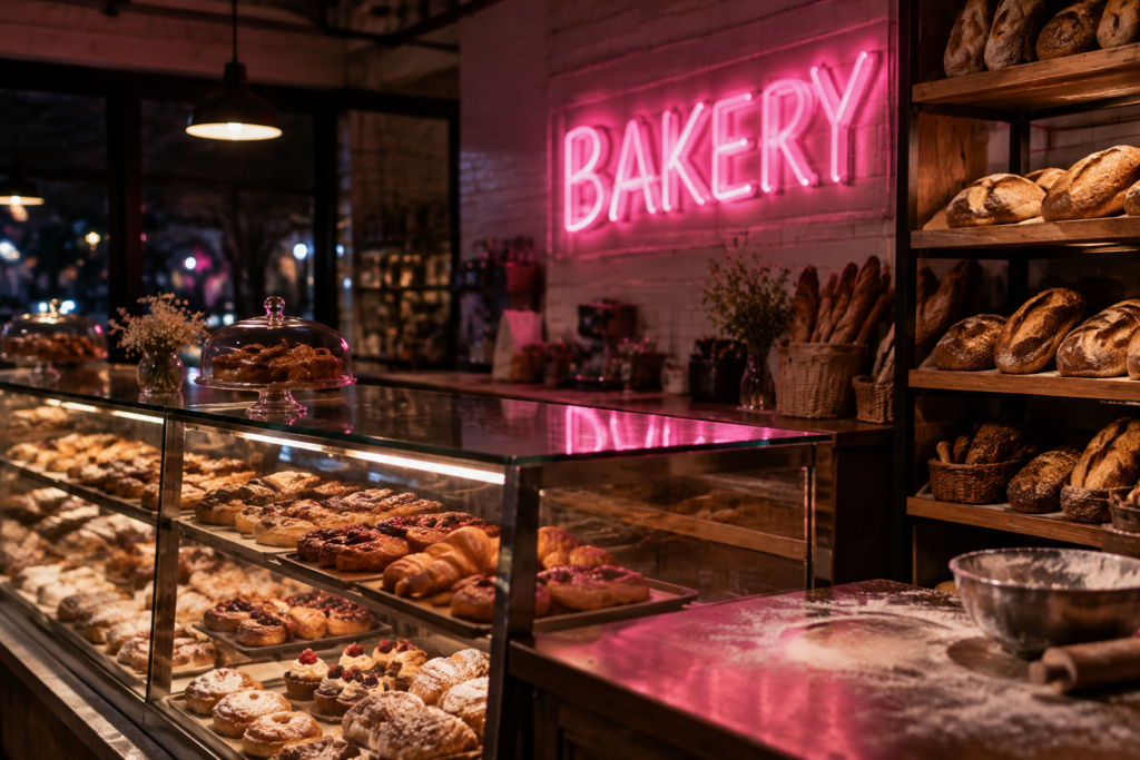Dark scene with a glowing soft pink neon sign reading BAKERY