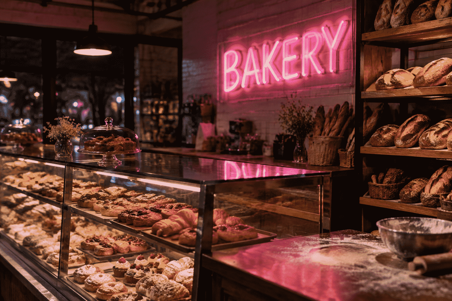 Bakery neon sign — dark scene with a glowing soft pink neon sign reading BAKERY over a display case