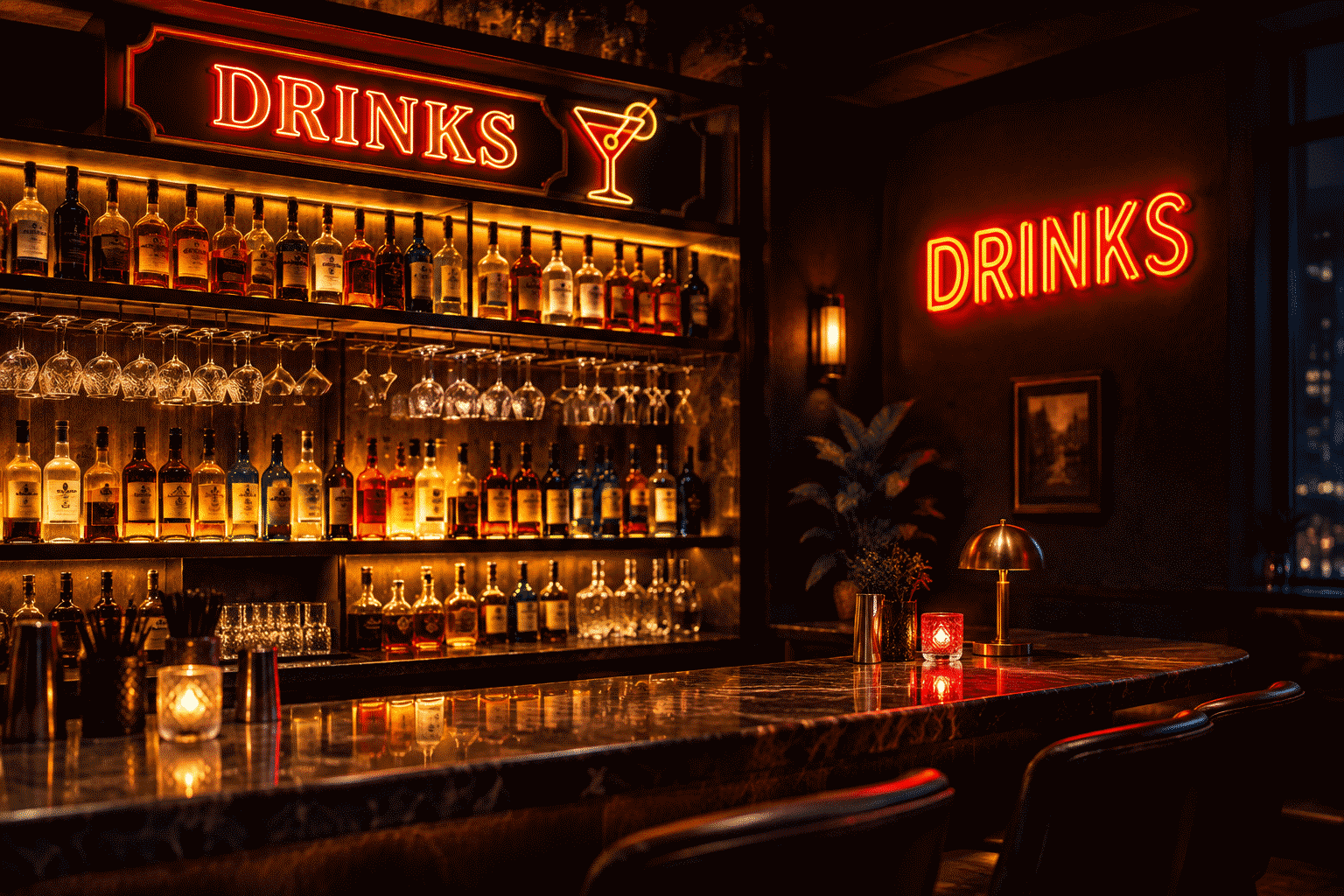 Bar neon sign — dark scene with a glowing amber and red neon sign reading DRINKS over a bar back counter