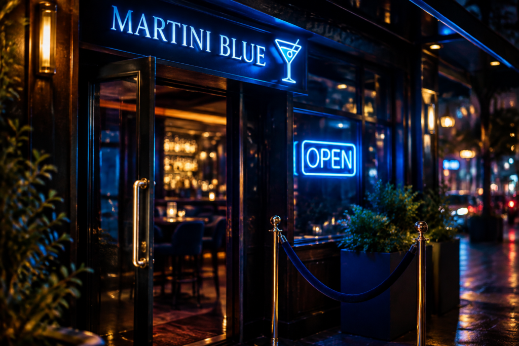 Dark scene with a glowing martini blue neon sign reading OPEN