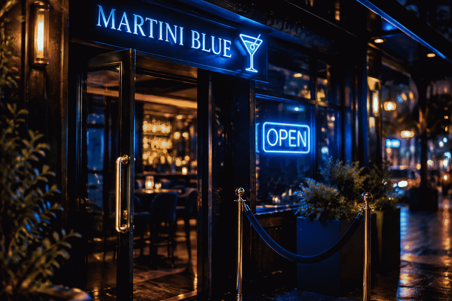 Bar open neon sign — dark scene with a glowing martini-blue neon sign reading OPEN in a street window