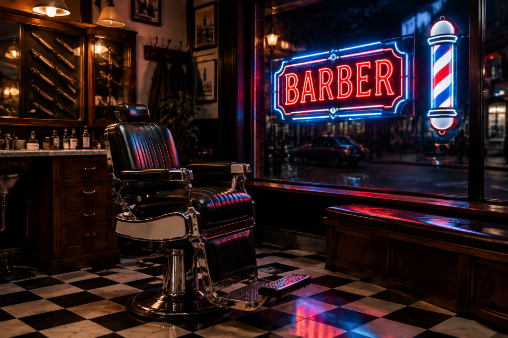 Dark scene with a glowing red white and blue neon sign reading BARBER