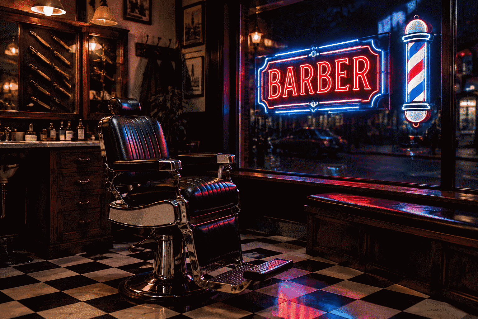 Barber shop neon sign — dark scene with a glowing red white and blue neon sign reading BARBER over a shop interior