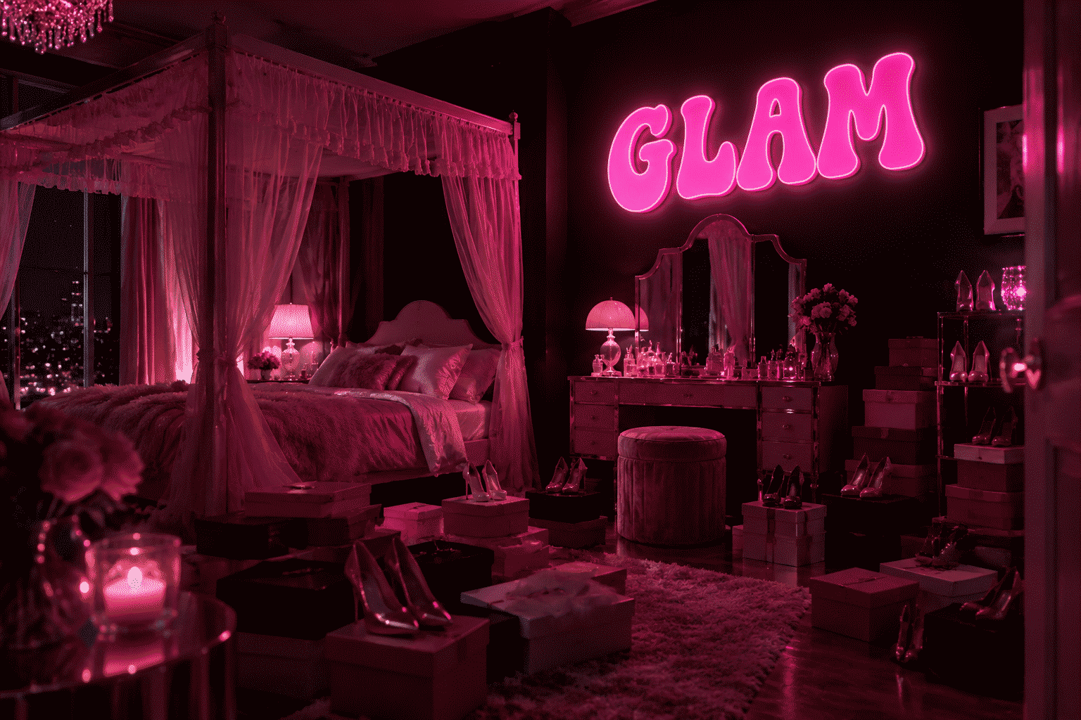 Dark scene with a glowing bubblegum pink neon sign reading GLAM
