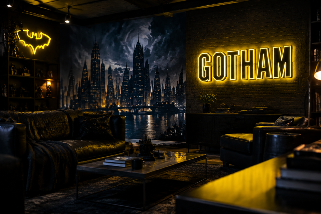 Dark scene with a glowing yellow and black neon sign reading GOTHAM