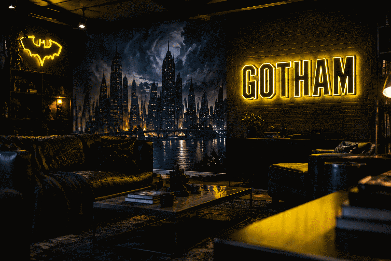 Dark scene with a glowing yellow and black neon sign reading GOTHAM