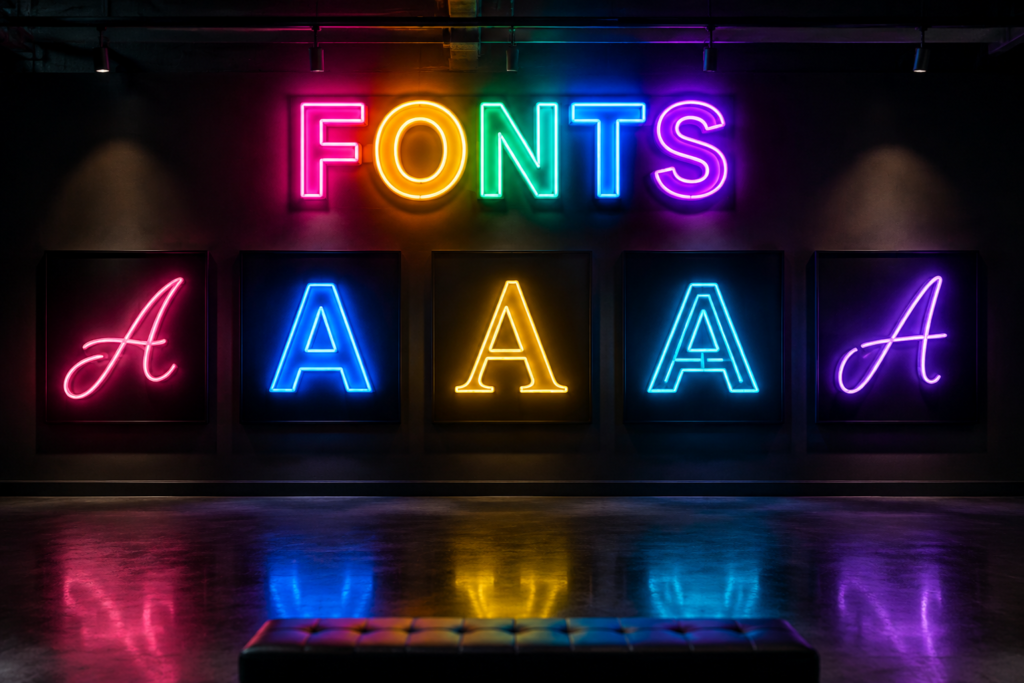 Dark scene with a glowing multicolor neon sign reading FONTS
