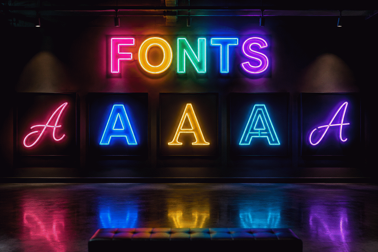 Dark scene with a glowing multicolor neon sign reading FONTS