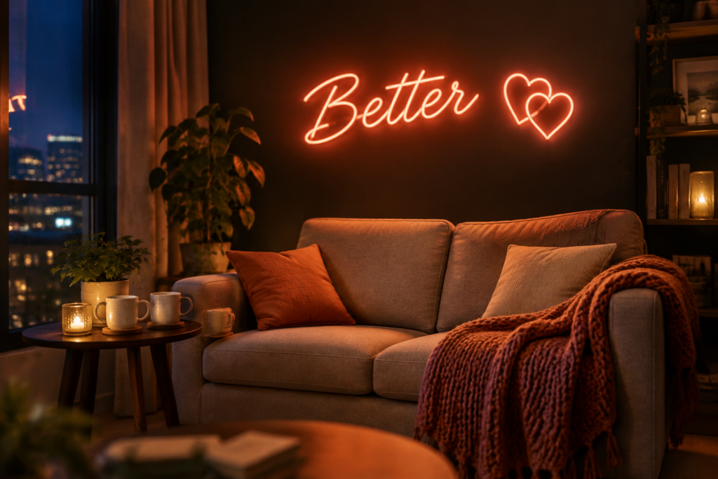 Dark scene with a glowing warm coral neon sign reading Better