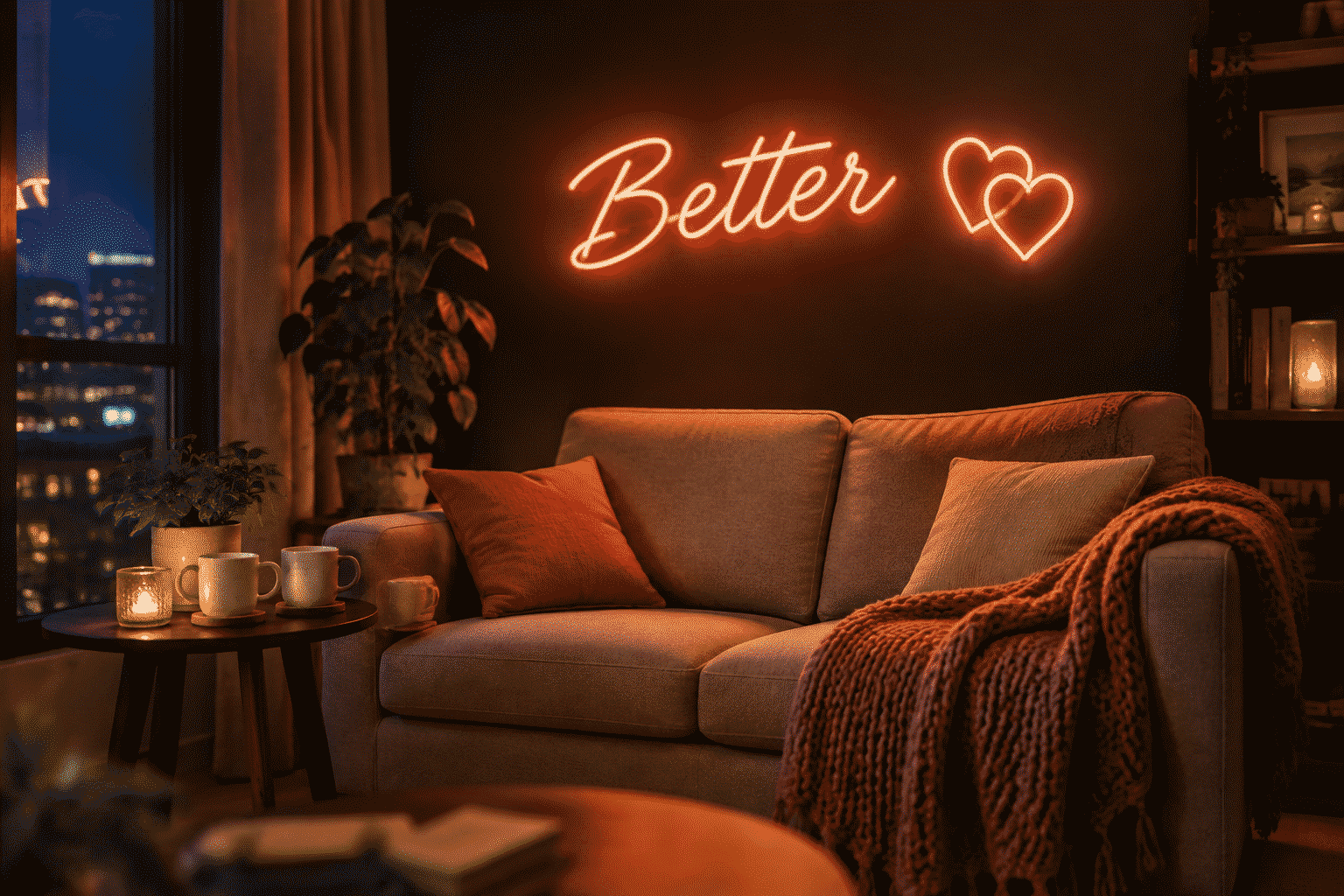 Dark scene with a glowing warm coral neon sign reading Better
