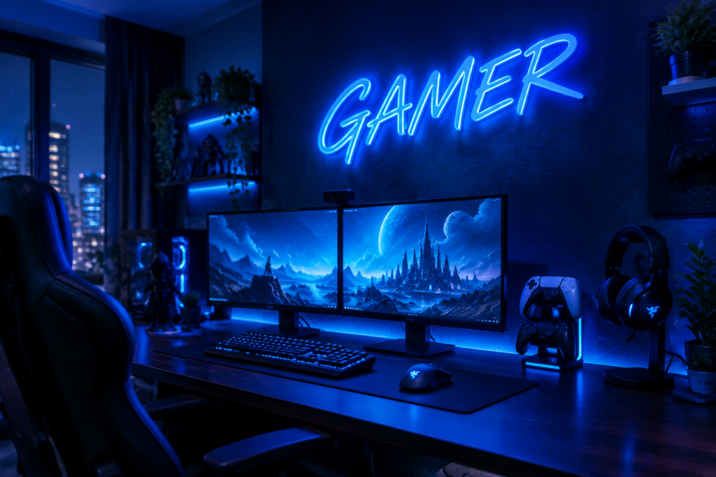 Dark scene with a glowing cyber blue neon sign reading GAMER