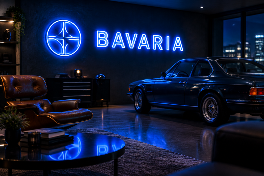 Dark scene with a glowing blue and white neon sign reading BAVARIA