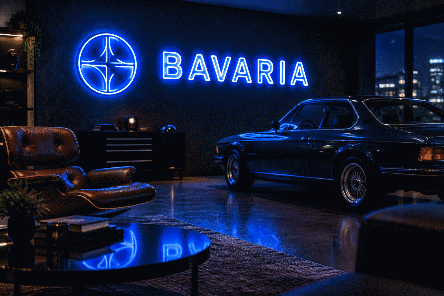 Dark scene with a glowing blue and white neon sign reading BAVARIA