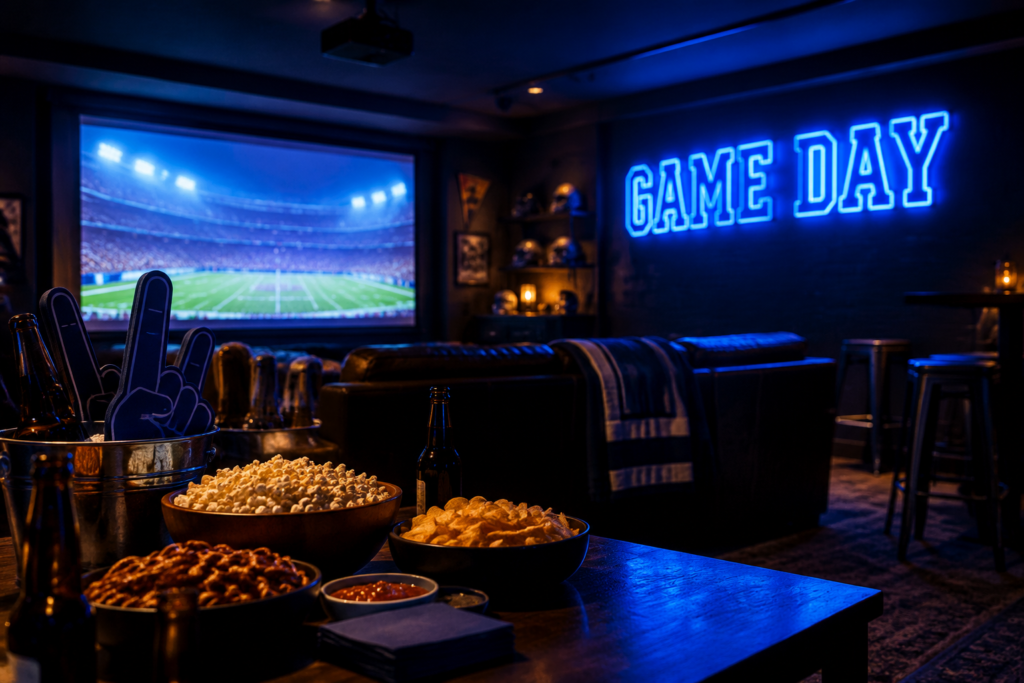 Dark scene with a glowing blue neon sign reading GAME DAY