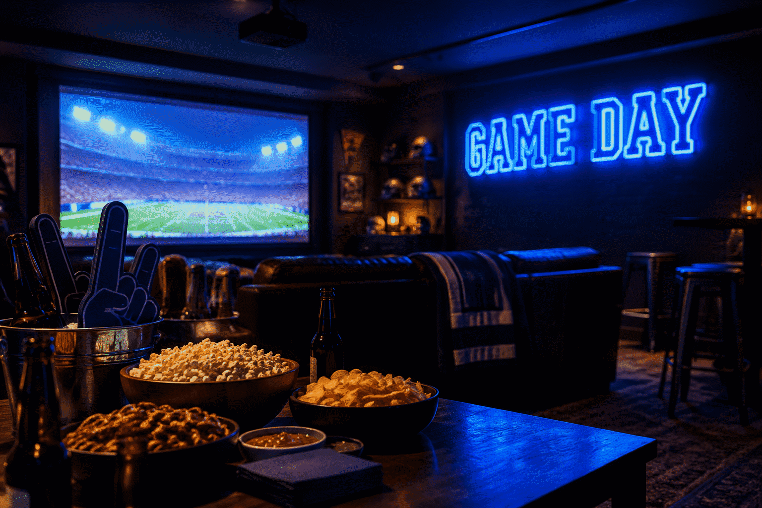 Dark scene with a glowing blue neon sign reading GAME DAY