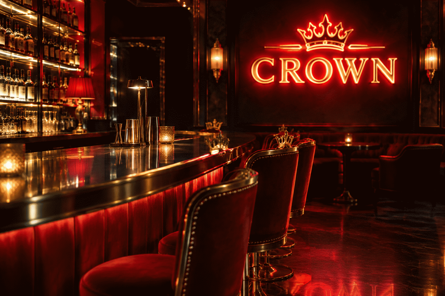 Dark scene with a glowing red and gold neon sign reading CROWN
