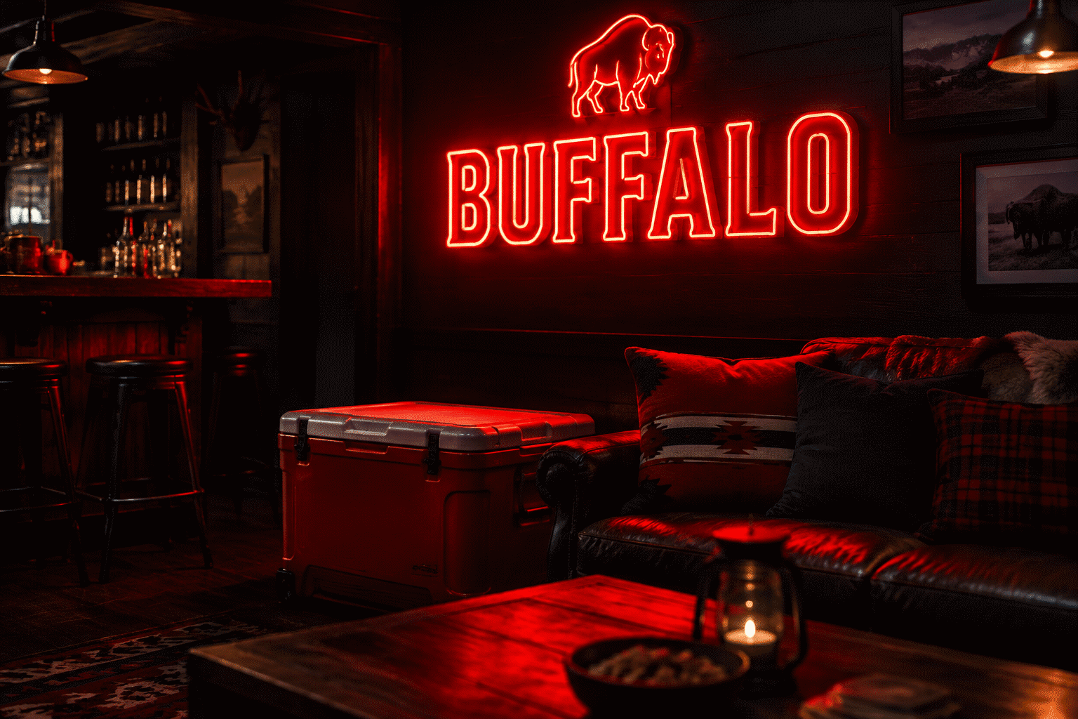 Dark scene with a glowing red neon sign reading BUFFALO