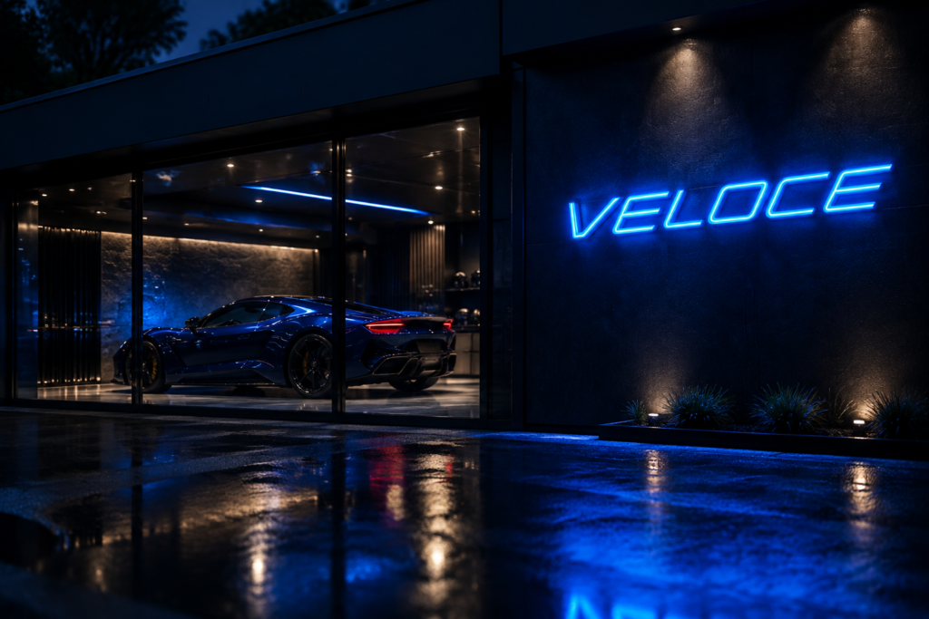 Dark scene with a glowing french racing blue neon sign reading VELOCE