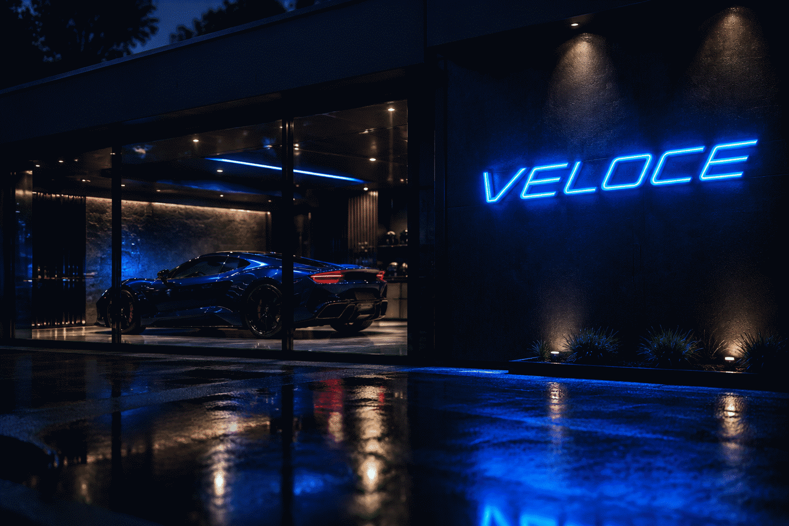 Dark scene with a glowing french racing blue neon sign reading VELOCE