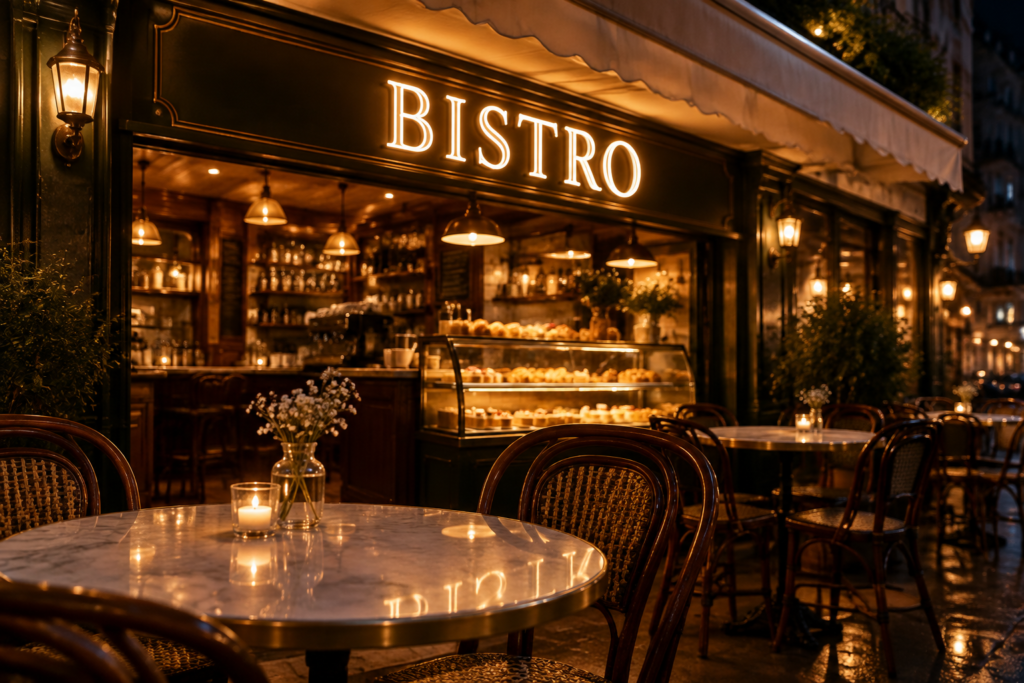 Dark scene with a glowing warm white neon sign reading BISTRO