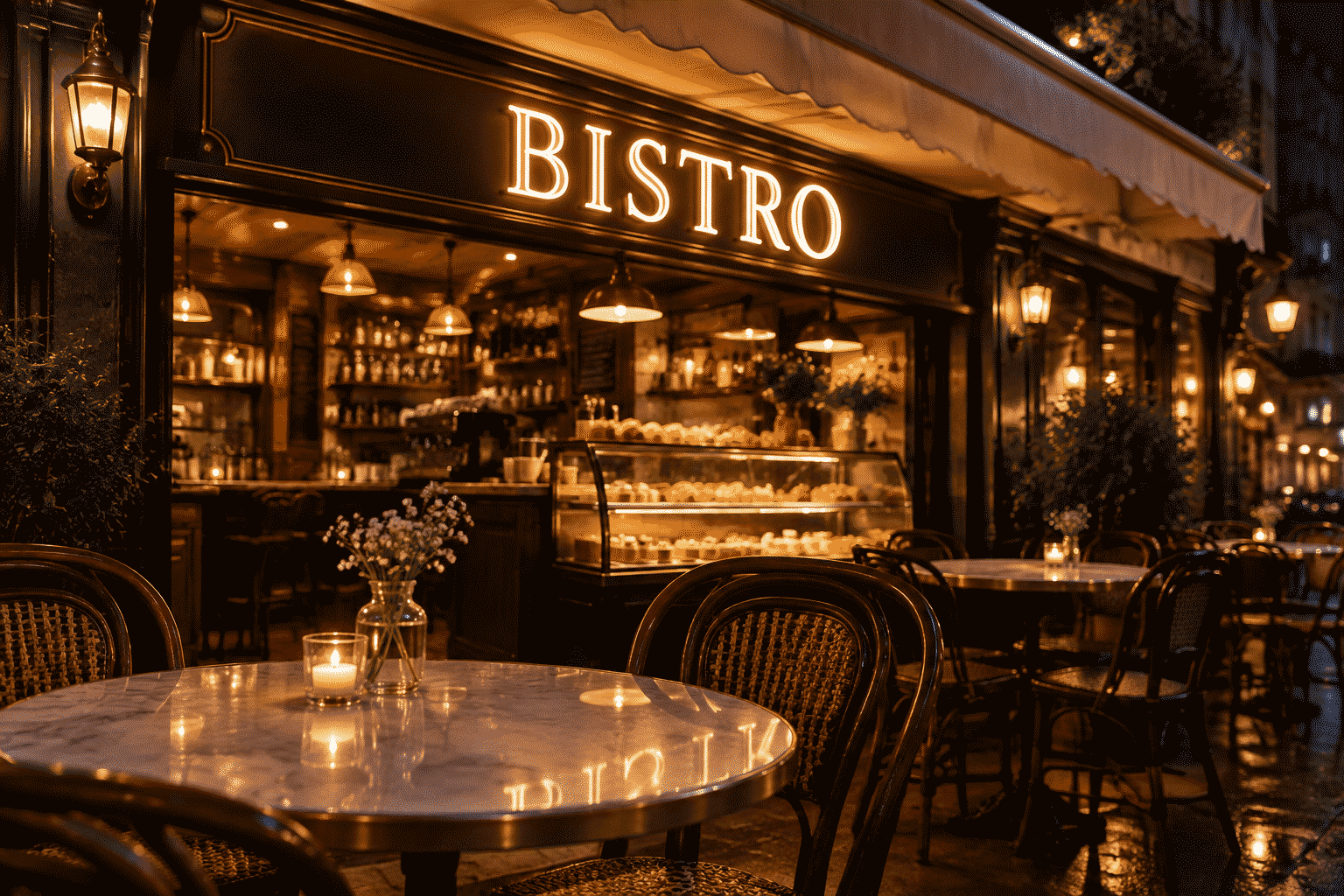 Cafe neon sign — dark scene with a glowing warm white neon sign reading BISTRO over a cafe counter
