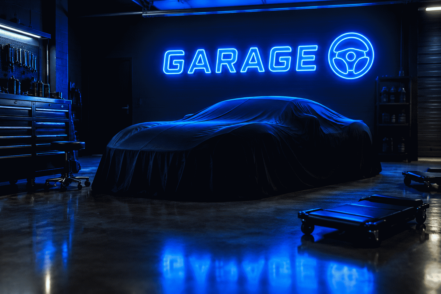 Dark scene with a glowing electric blue neon sign reading GARAGE