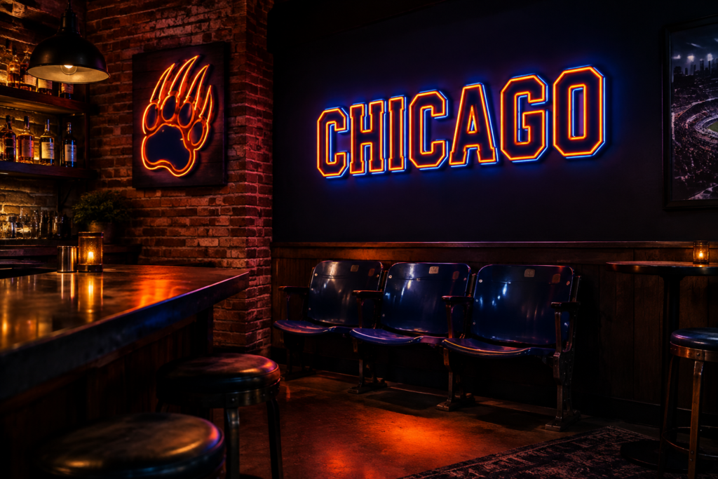 Dark scene with a glowing navy and orange neon sign reading CHICAGO