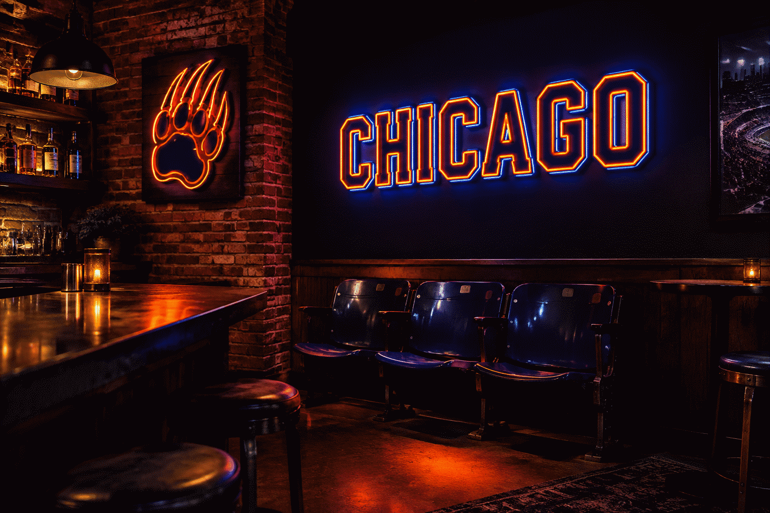 Dark scene with a glowing navy and orange neon sign reading CHICAGO
