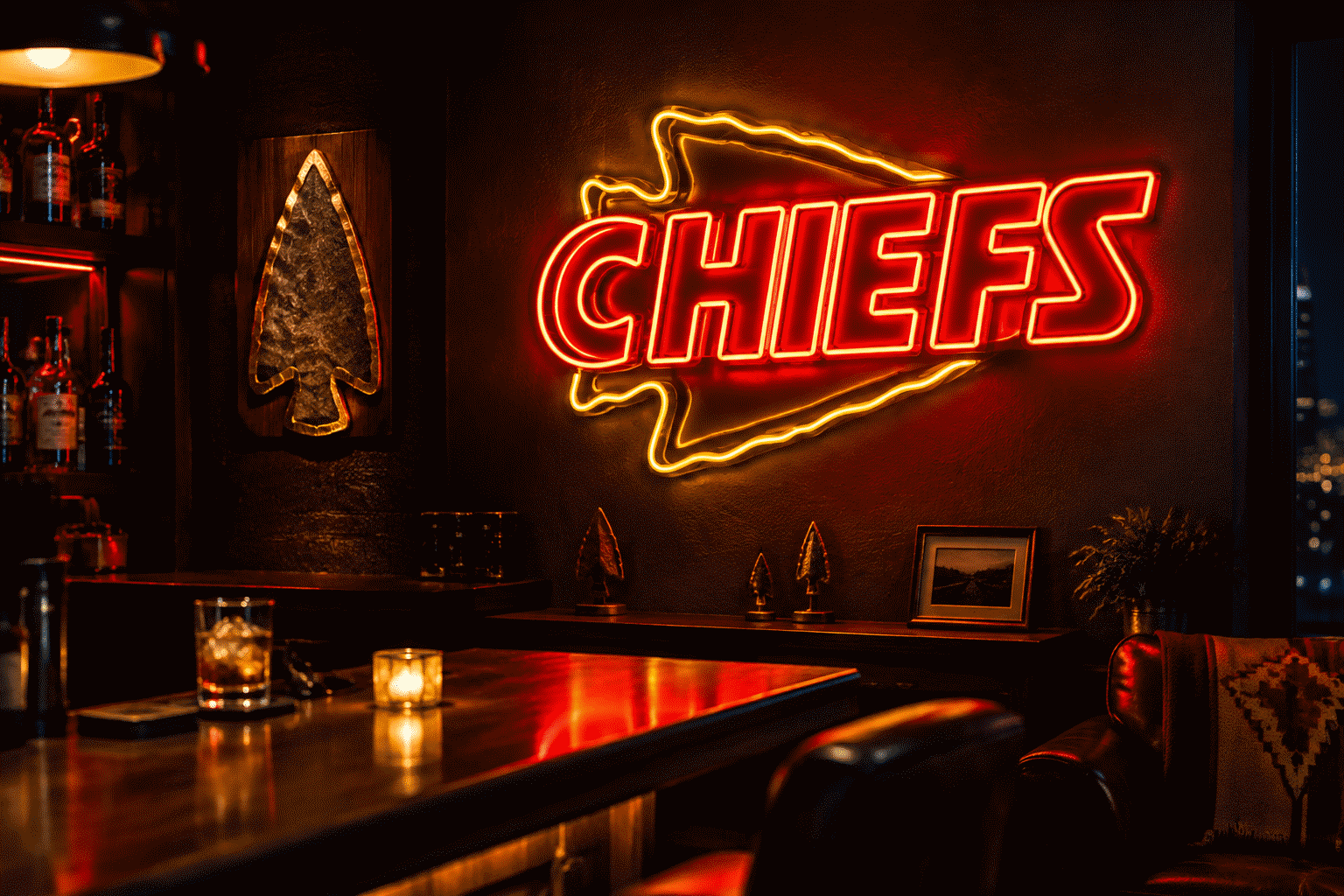 Dark scene with a glowing red and gold neon sign reading CHIEFS