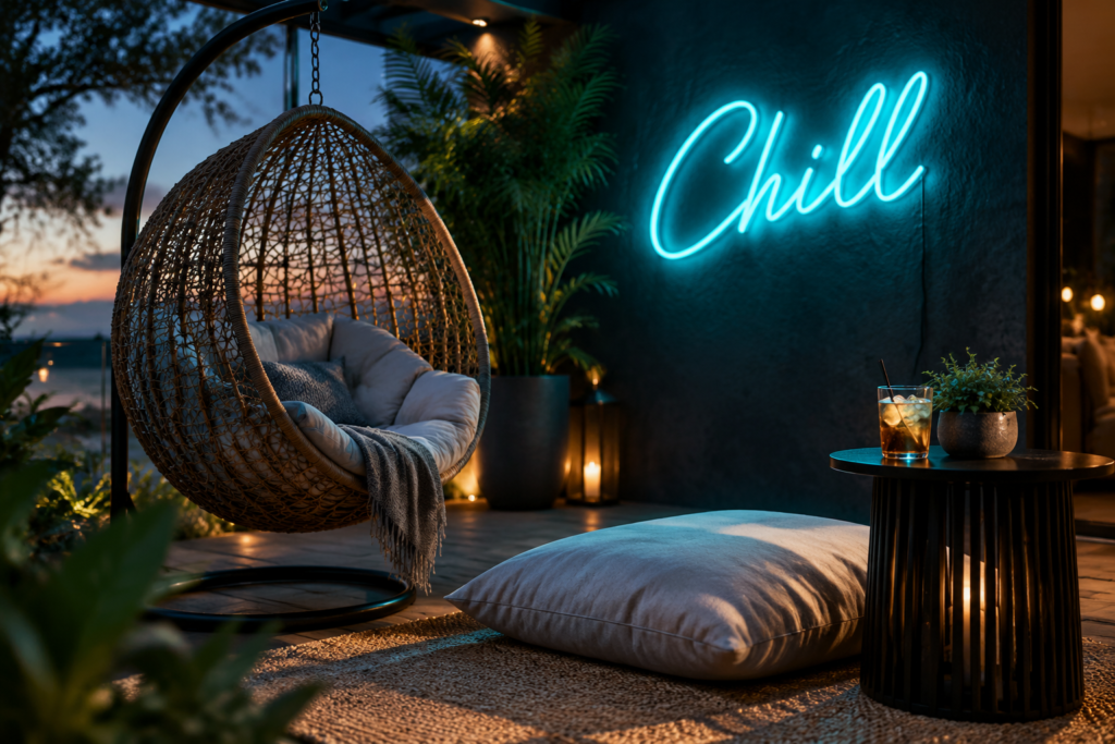 Dark scene with a glowing aqua neon sign reading Chill