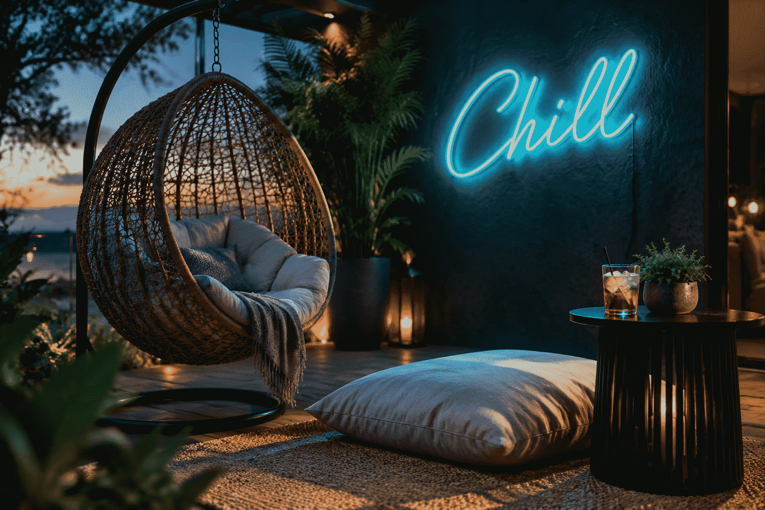 Dark scene with a glowing aqua neon sign reading Chill