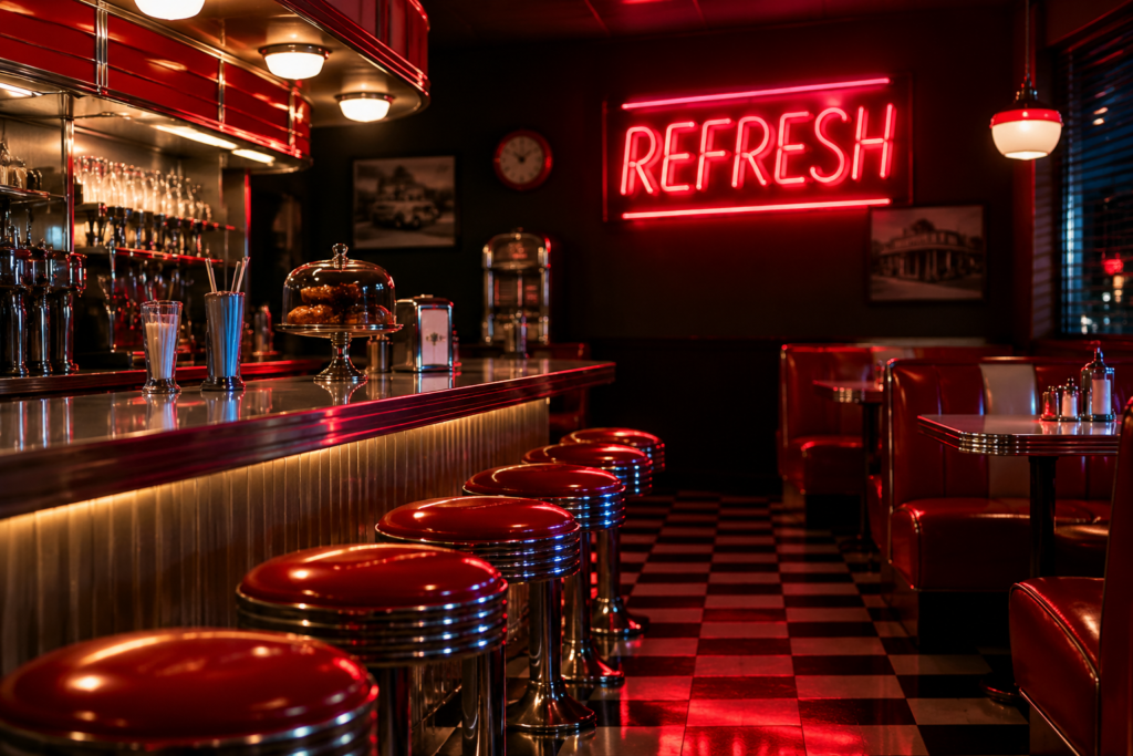 Dark scene with a glowing cherry red neon sign reading REFRESH