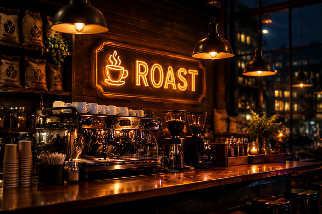 Dark scene with a glowing caramel amber neon sign reading ROAST