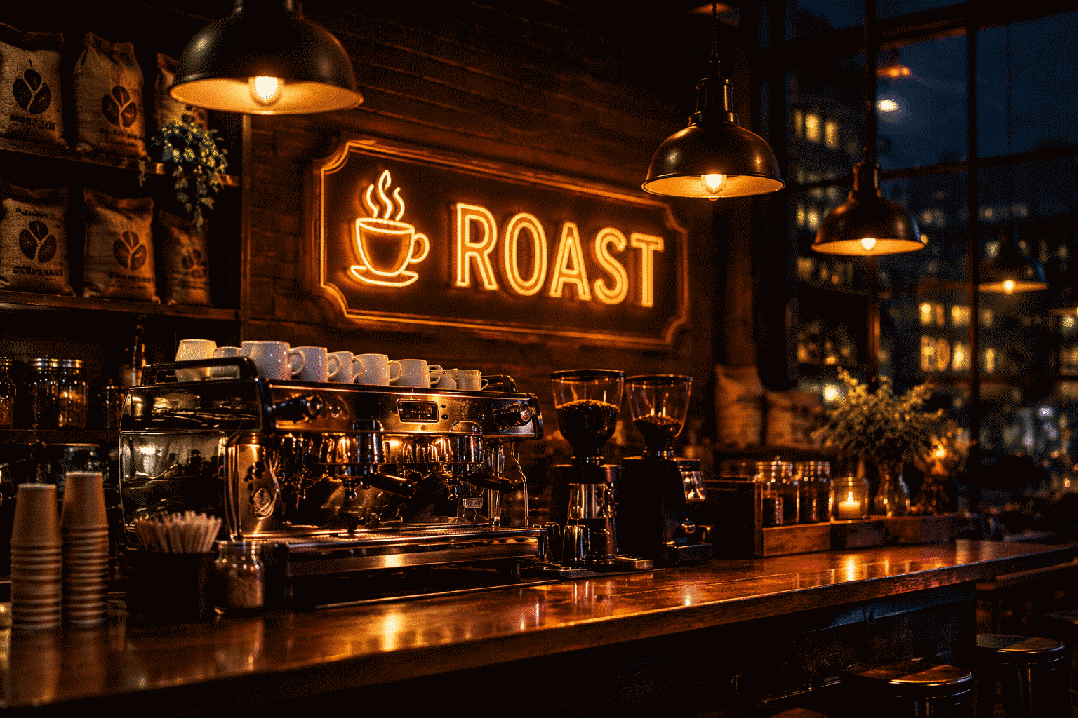 Coffee shop neon sign — dark scene with a glowing caramel amber neon sign reading ROAST over an espresso bar