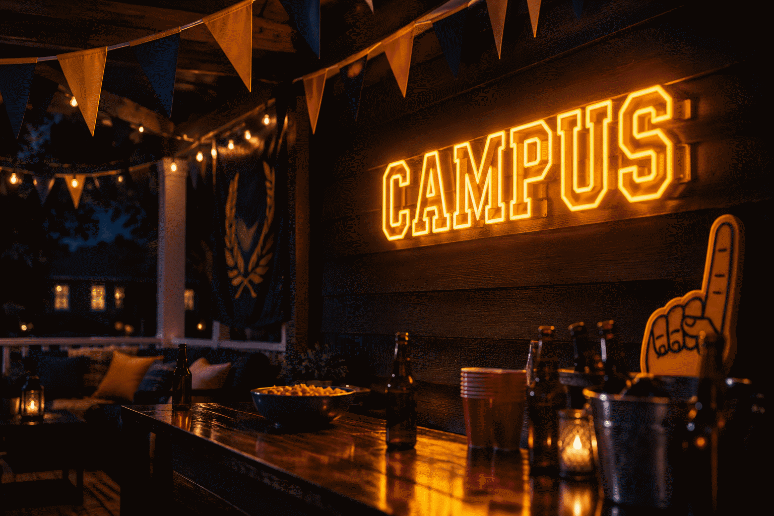 Dark scene with a glowing collegiate amber neon sign reading CAMPUS