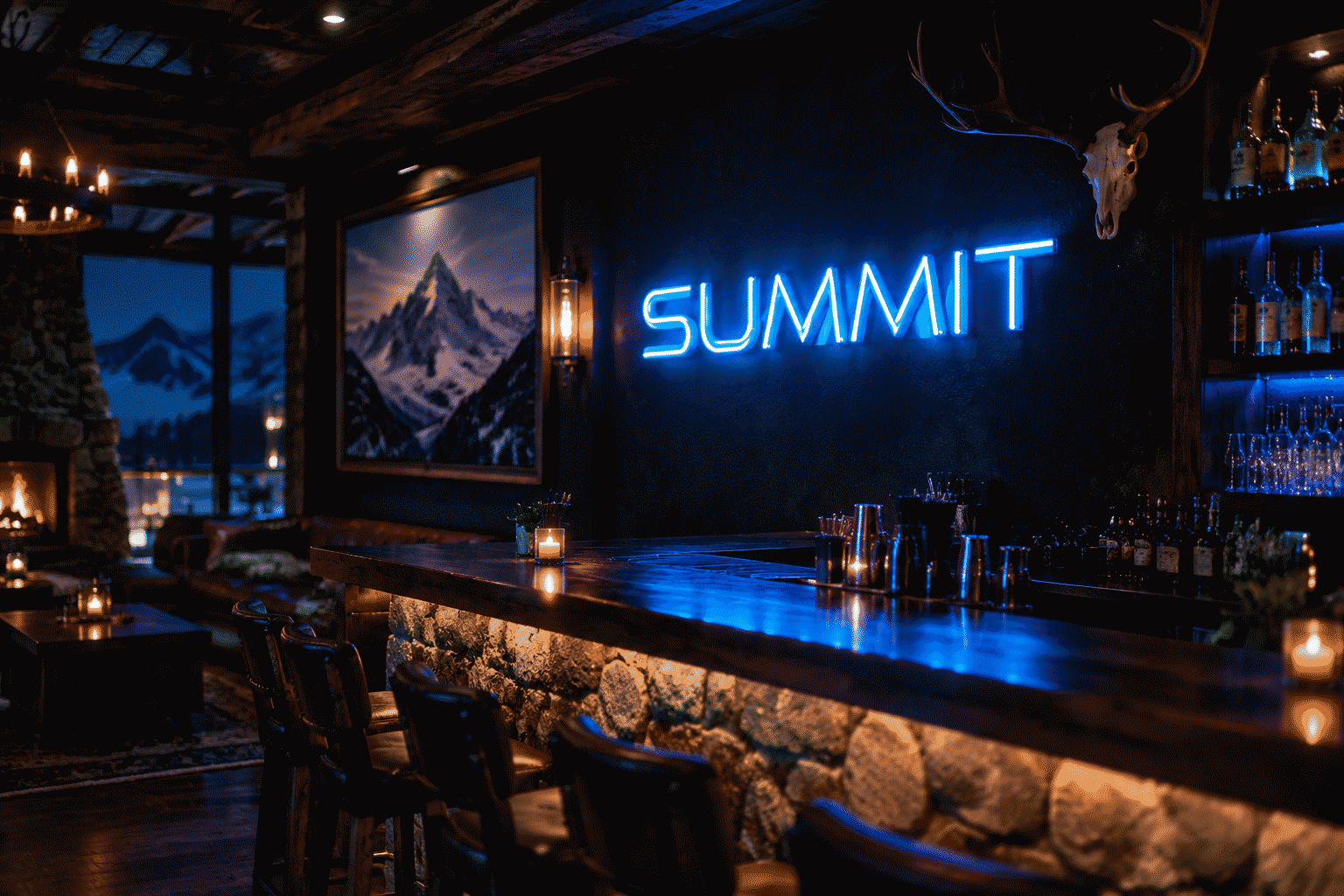 Dark scene with a glowing silver-blue neon sign reading SUMMIT