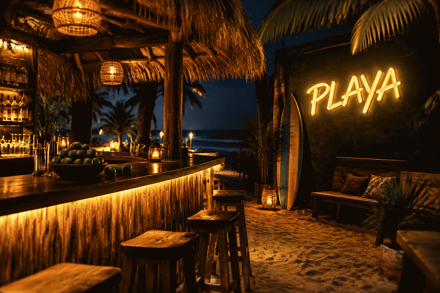 Dark scene with a glowing tropical yellow neon sign reading PLAYA