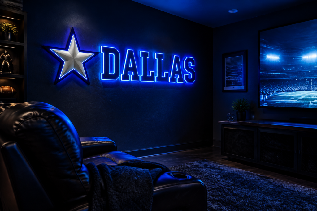 Dark scene with a glowing navy blue neon sign reading DALLAS