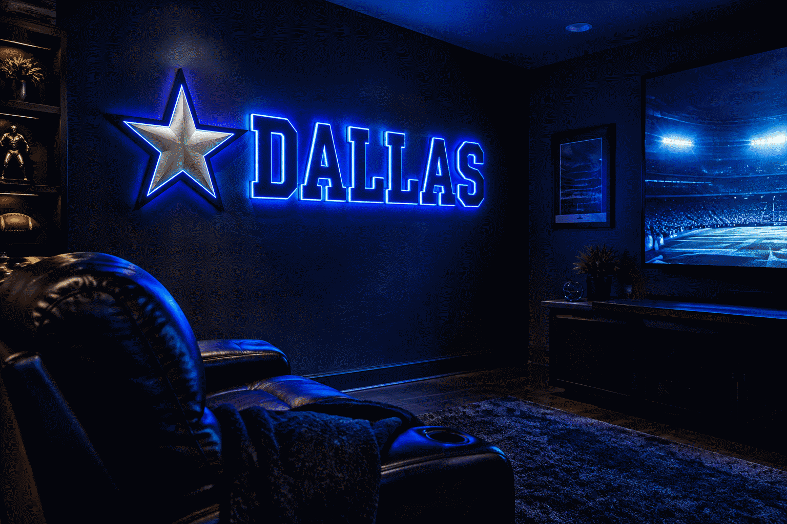 Dark scene with a glowing navy blue neon sign reading DALLAS