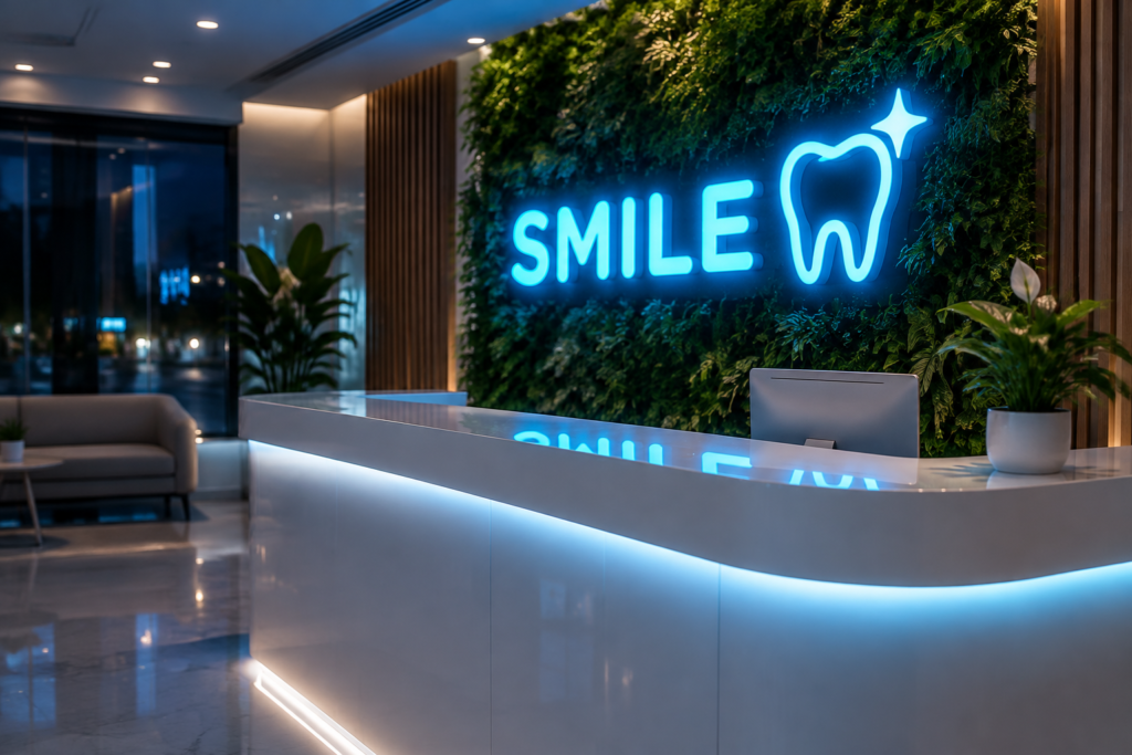 Dark scene with a glowing aqua blue neon sign reading SMILE