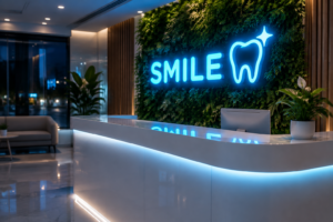 Dark scene with a glowing aqua blue neon sign reading SMILE