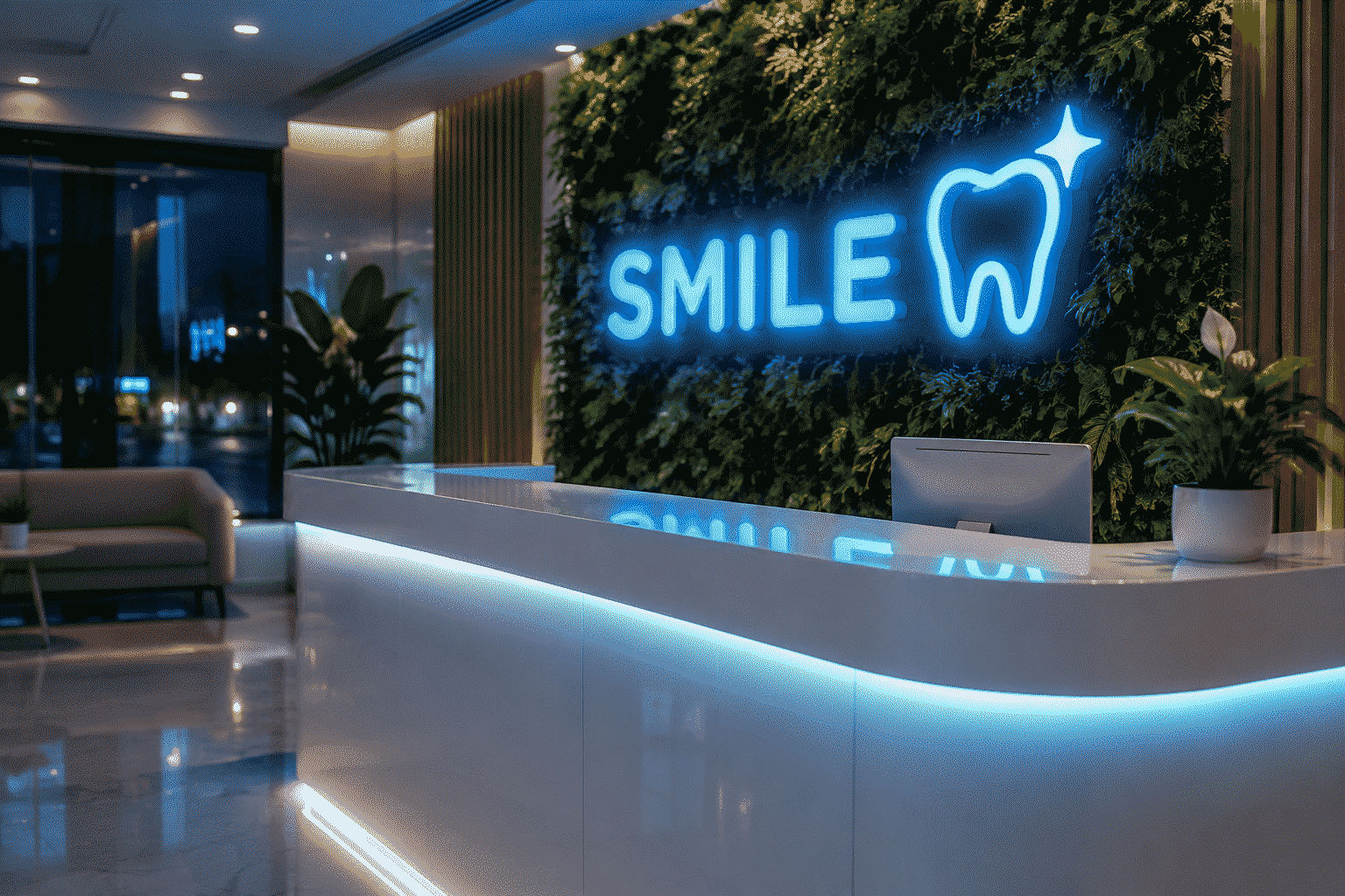 Dark scene with a glowing aqua blue neon sign reading SMILE