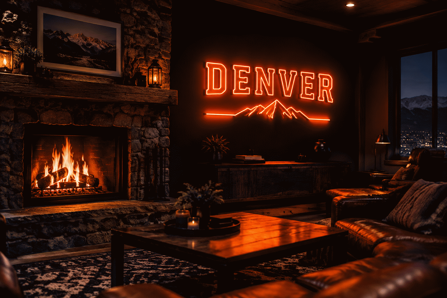 Dark scene with a glowing orange neon sign reading DENVER