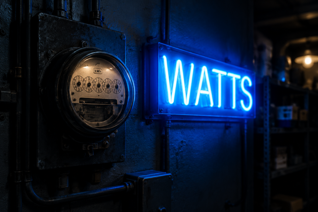 Dark scene with a glowing electric blue neon sign reading WATTS