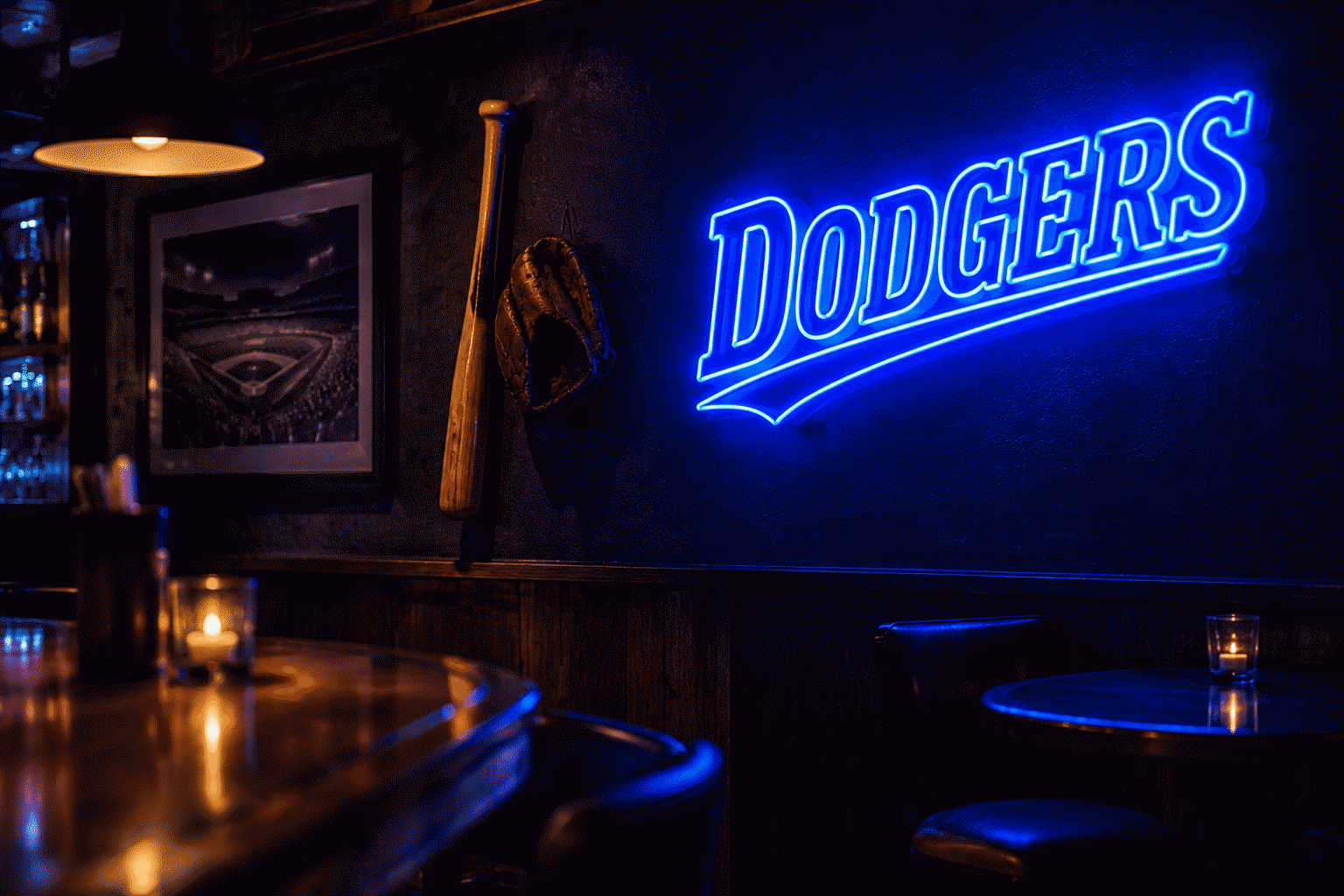 Dark scene with a glowing blue neon sign reading DODGERS