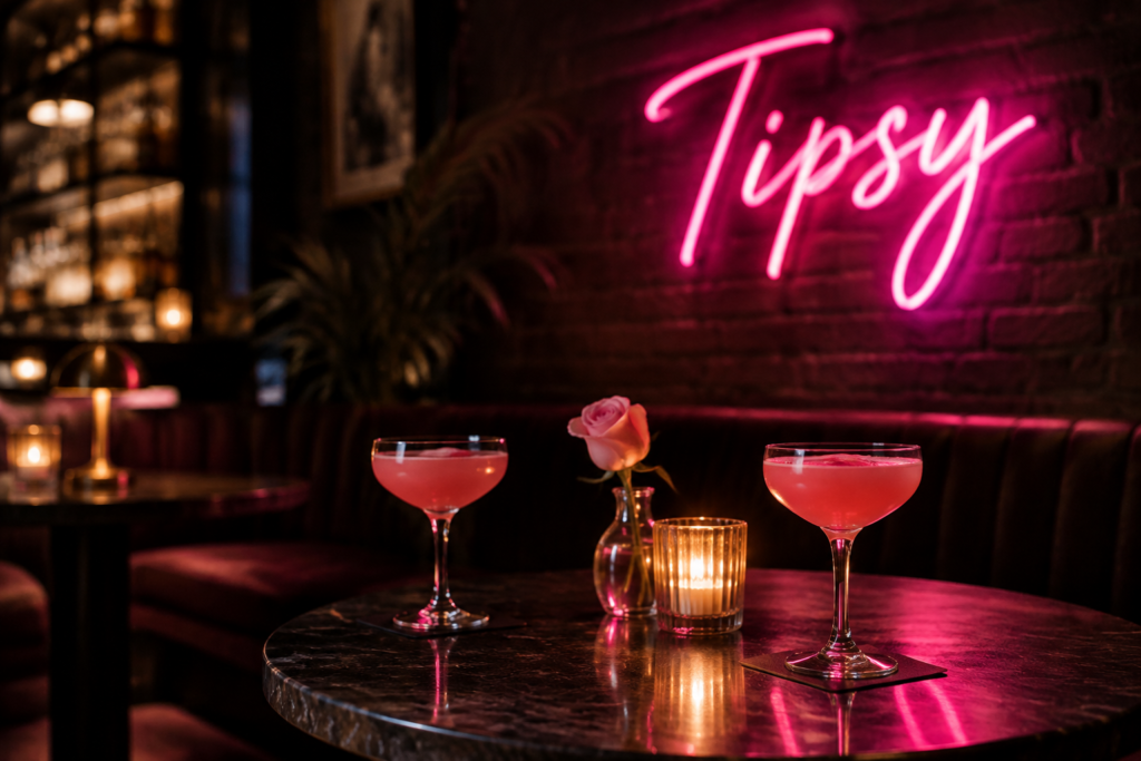 Dark scene with a glowing cocktail pink neon sign reading Tipsy