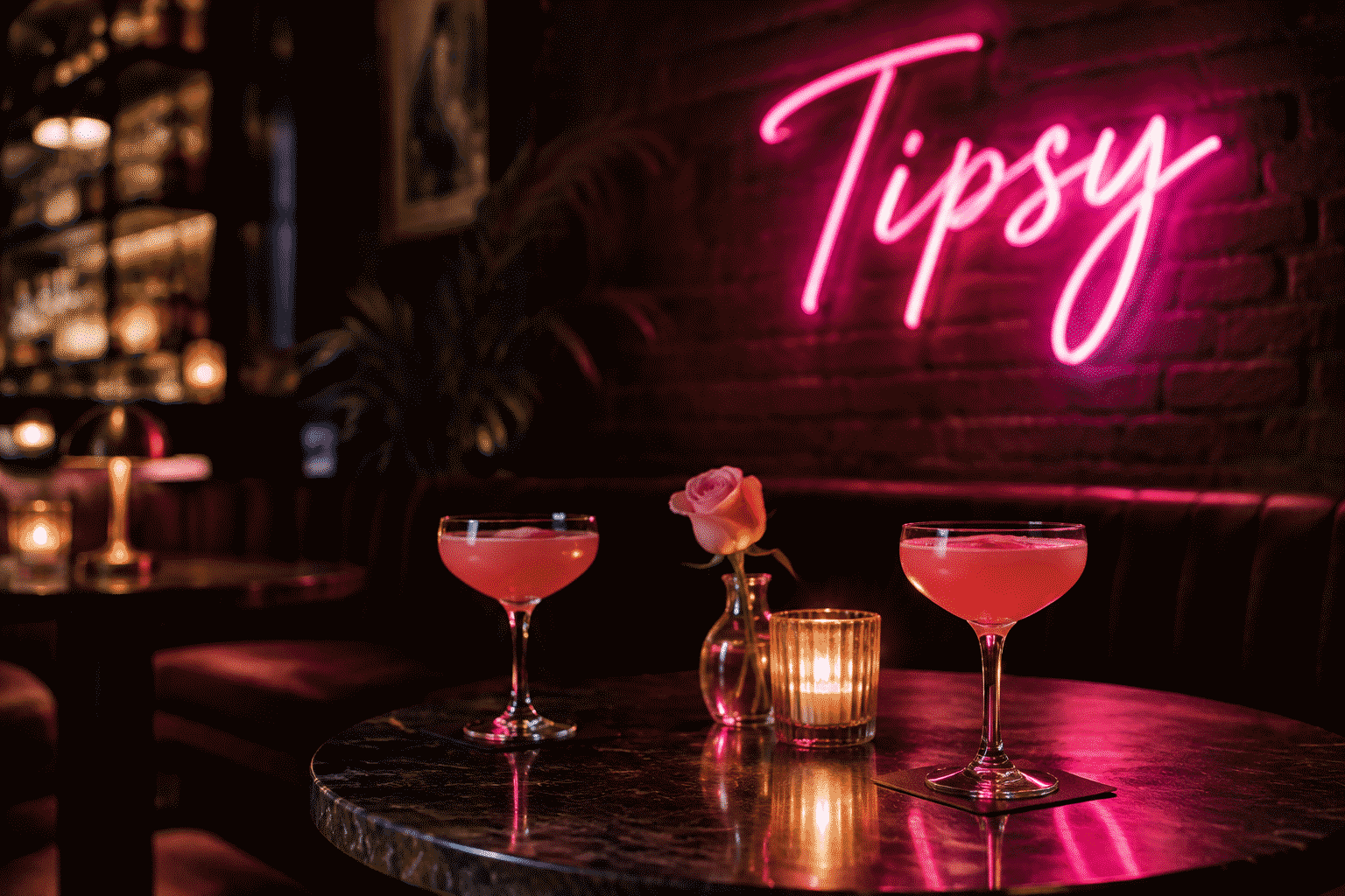 Dark scene with a glowing cocktail pink neon sign reading Tipsy