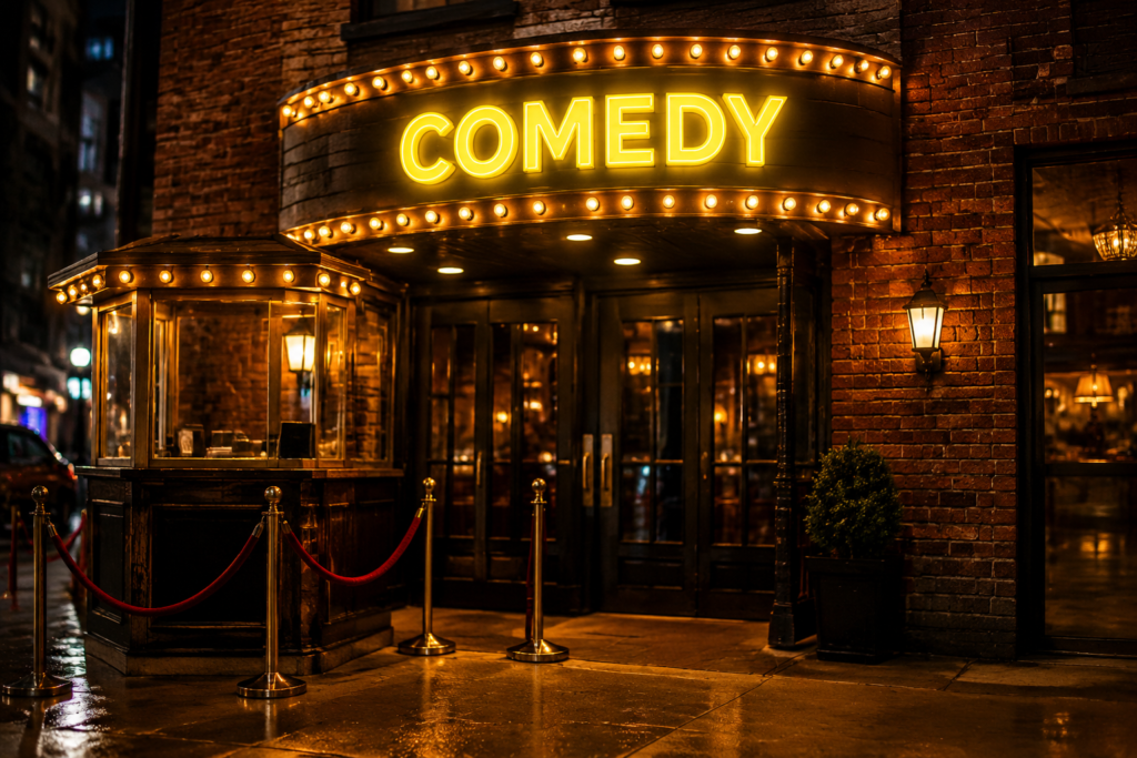 Dark scene with a glowing yellow neon sign reading COMEDY